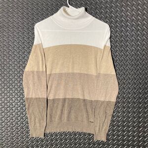 Calvin Klein Brown Cream Block Striped Pattern Turtle Neck Pullover Sweater Sz M